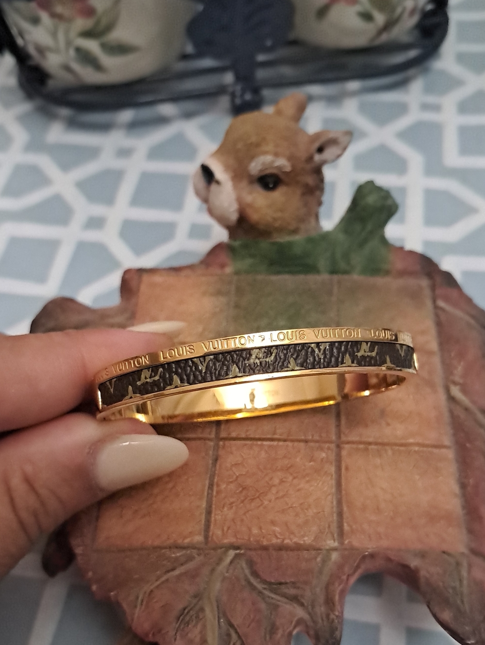 Gold and Brown Monogram Slim Bangle Bracelet